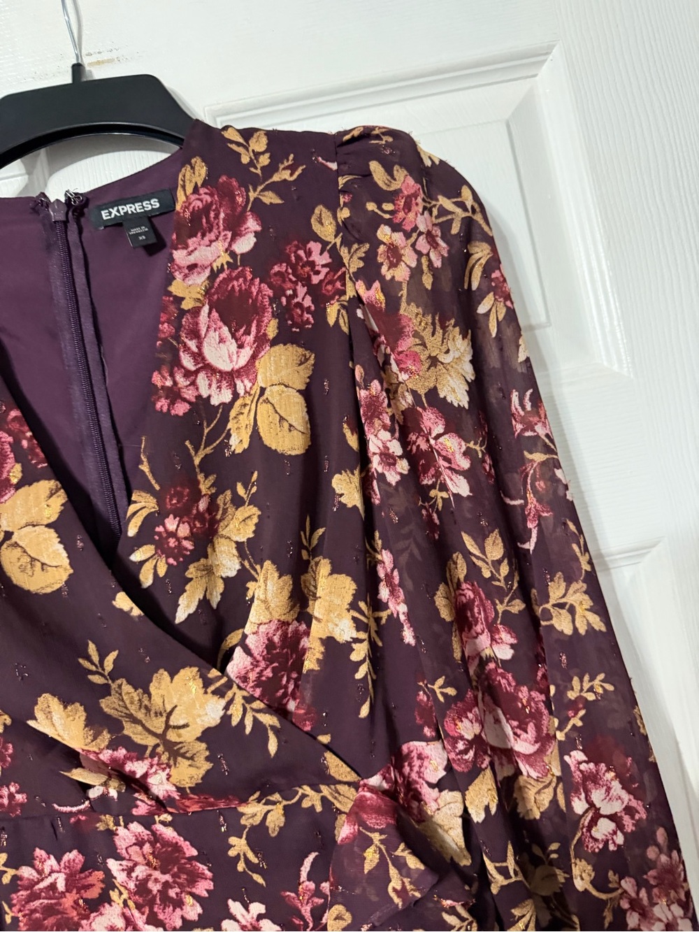 Express Burgundy Floral Wrap-Style/Gathered Mini Dress - Picture 6 of 16